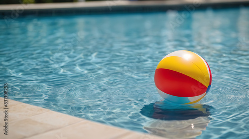 A colorful beach ball flowing on the water of a luxury swimming pool in summer season with copy space  background  wallpaper  