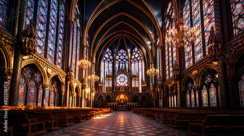  inside of a Gothic cathedral. The ribbed vault ceiling is supported by clustered columns. The walls are lined with stained glass windows. photo