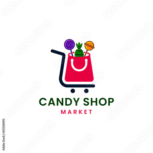 shopping cart candy with sweet candy and lollipops illustration logo design, graphic, minimalist logo.
