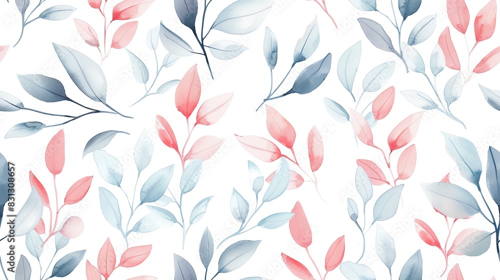 Soft pastel seamless pattern with flat watercolor leafy branches and blossoms, evoking a sense of calm and beauty Soft pastel seamless pattern with flat watercolor leafy branches and blossoms, evoking a sense of calm and beauty