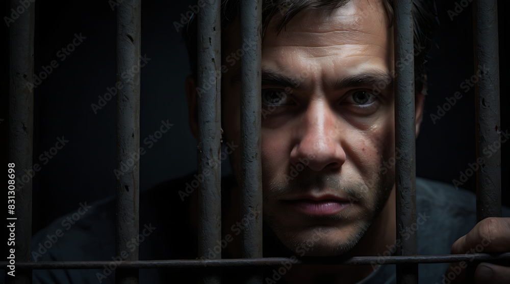 a close-up portrait of an imprisoned man behind the iron bars staring into the camera in a dark background
a close-up portrait of an imprisoned man behind the iron bars staring into the camera in a dark background