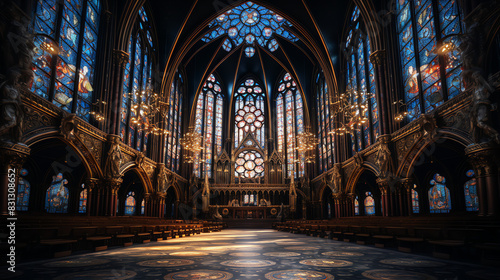  inside of a Gothic cathedral. The ribbed vault ceiling is supported by clustered columns. The walls are lined with stained glass windows.