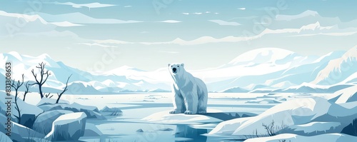 Polar bear hunting, flat design, top view, Arctic theme, animation, Monochromatic Color Scheme photo