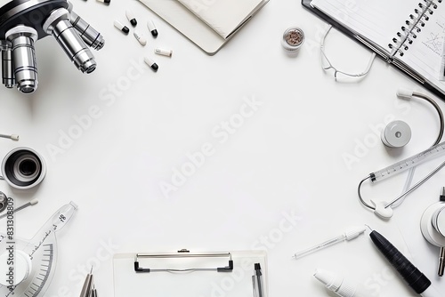 Fotograf a detallada en formato de art culos m dicos dispuestos sobre una mesa blanca, capturando un conjunto de elementos que incluyen un fonendoscopio, cuaderno, l pices y un otoscopio, ideal photo