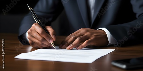 Signing a Contract in a Conference Room: Finalizing a Business Deal. Concept Negotiation Strategies, Business Etiquette, Legal Documents, Professional Communication, Successful Deal Closing photo