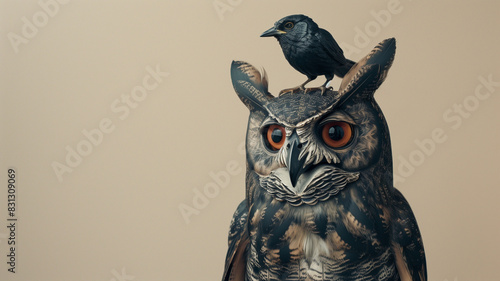 An owl with a bird standing on its head, isolated against a taupe background. An ironic image of a vigilant owl with its prey standing on its head. Oversight. False confidence. Missing the obvious. photo