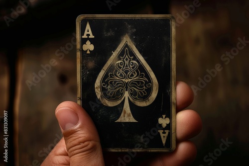 ace of spades card on black background, medieval gothic iconography photo