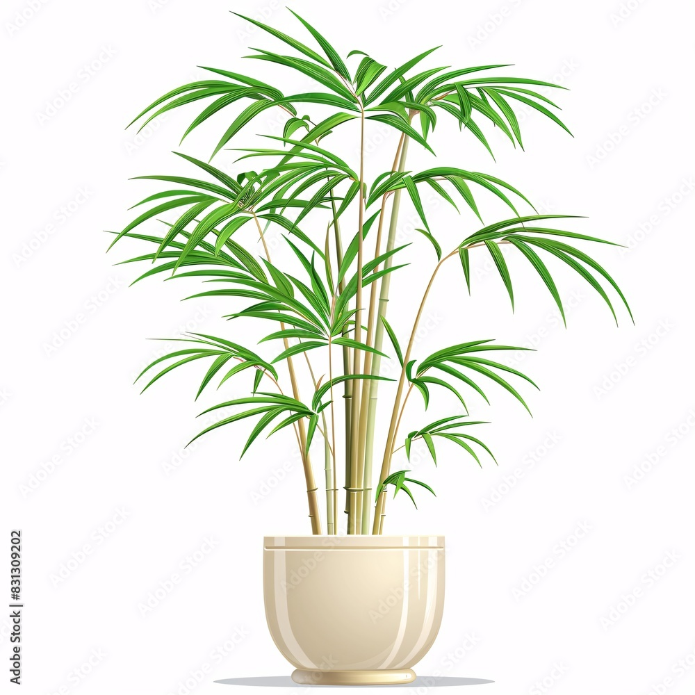 PNG illustration of a tall bamboo palm with slender green fronds in a stylish planter on a white background PNG illustration of a tall bamboo palm with slender green fronds in a stylish planter on a white background