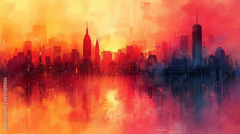 Vibrant abstract cityscape painting with warm hues reflecting an urban theme Vibrant abstract cityscape painting with warm hues reflecting an urban theme