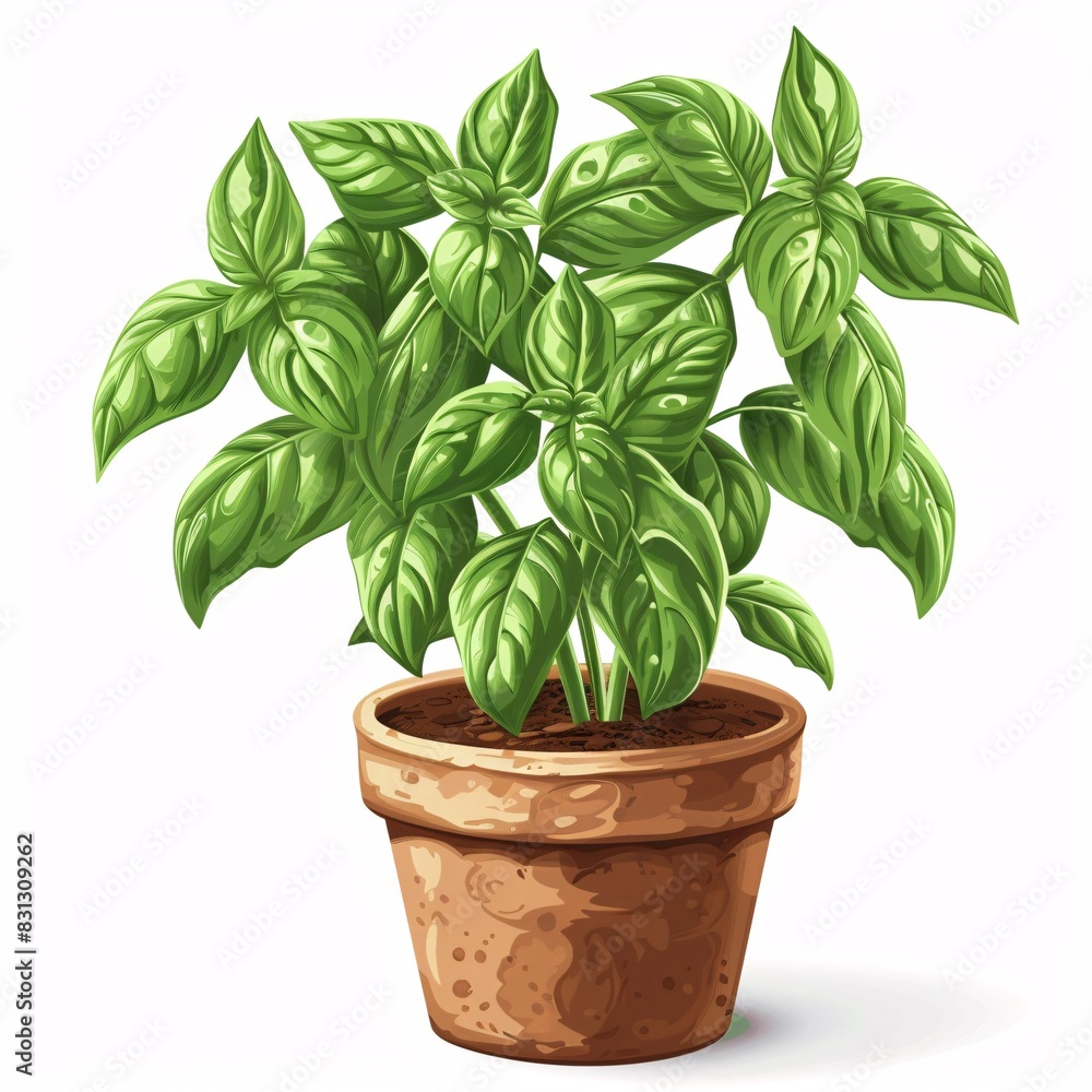 PNG illustration of a fragrant basil plant with green leaves in a rustic clay pot on a white background PNG illustration of a fragrant basil plant with green leaves in a rustic clay pot on a white background