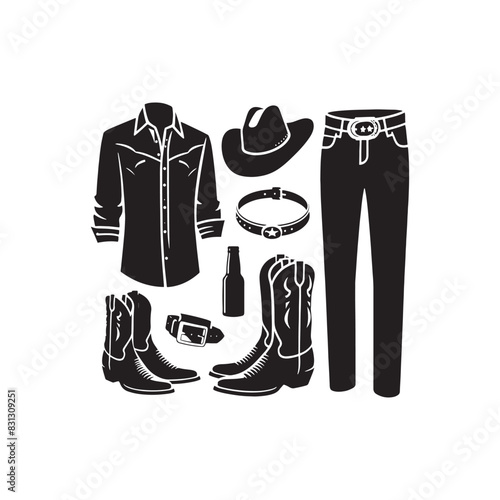 Beautifully crafted cowboy outfit silhouette highlighting classic western apparel, great for creative use - cowboy attire illustration
