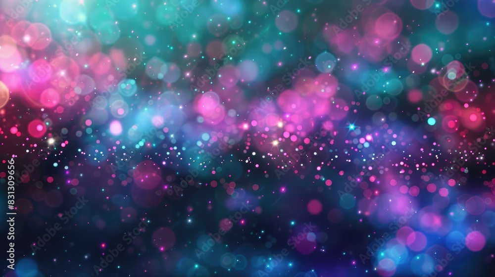 Soft texture background with defocused neon blur glow in blue, pink, and green, creating a vibrant disco illumination on a dark abstract space