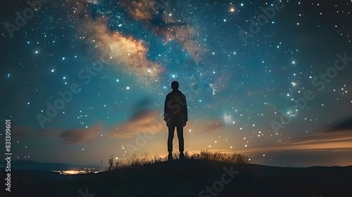 A solitary man contemplates the vastness of the cosmos under a canopy of twinkling stars. photo