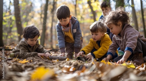 A group of children are playing in the woods