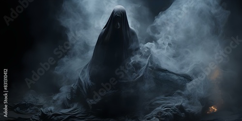 Mysterious figure enveloped in smoke enters scene with eerie soundtrack creating surreal atmosphere. Concept Mystery, Smoke Effects, Eerie Soundtrack, Surreal Atmosphere