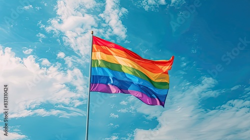 A rainbow flag waving proudly in the wind against a backdrop of blue sky and clouds photo