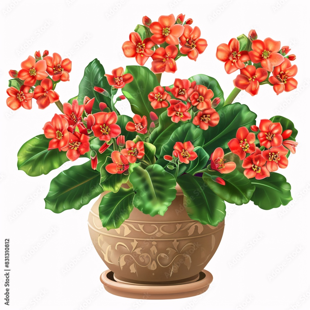 Obraz premium PNG illustration of a vibrant kalanchoe plant with red flowers and green leaves in a ceramic pot on a white background