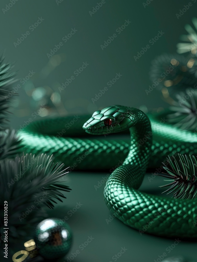 Fototapeta premium Green snake, 3D minimalism style, new year celebration, festive background, greeting card with free space for text