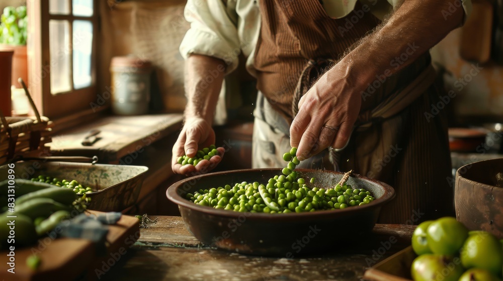 Man Shelling Fresh Green Peas in Rustic Kitchen Man Shelling Fresh Green Peas in Rustic Kitchen