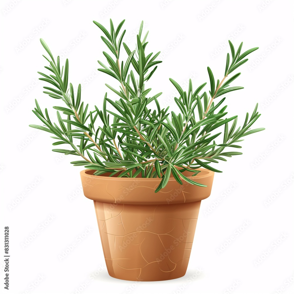 PNG illustration of a fragrant rosemary plant with needle-like leaves in a terracotta pot on a white background PNG illustration of a fragrant rosemary plant with needle-like leaves in a terracotta pot on a white background