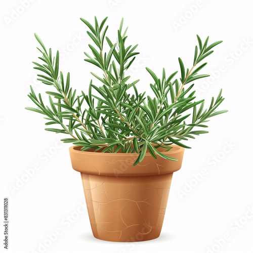 PNG illustration of a fragrant rosemary plant with needle-like leaves in a terracotta pot on a white background