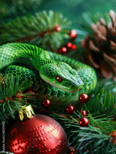 Green snake, new year celebration banner, festive background, greeting card with free space for text © shooreeq