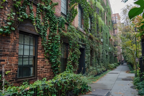 Ivy-covered brick wall with a historic building  space available for social media content