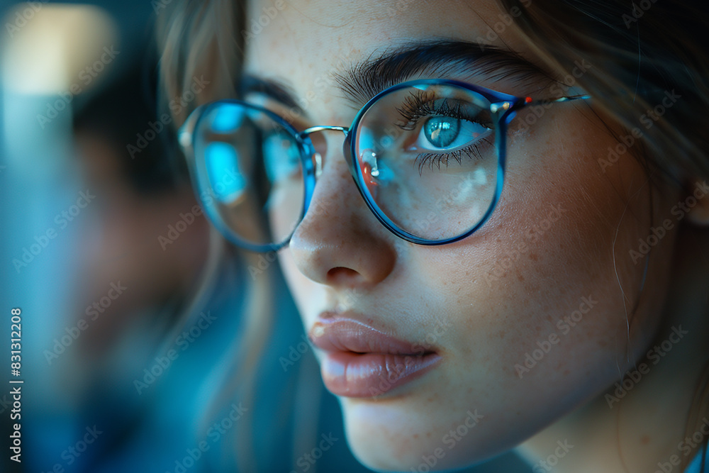 Girl works on internet. Reflection at the glasses from laptop. Close up of woman's eyes with black female glasses for working at a computer. Girl works on internet. Reflection at the glasses from laptop. Close up of woman's eyes with black female glasses for working at a computer.