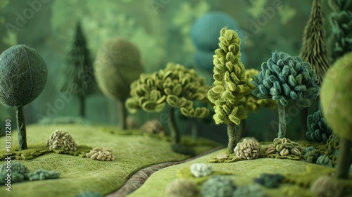 Handcrafted felt woodland scene. Vibrant miniature green trees in various shapes. Artistic forest diorama for storytelling. Textured felt nature, wood background. Colorful felt art. Diy handmade art.