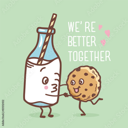 Chocolate cookies and milk vector card hand drawn background illustration with text we better together. Cute cookies love milk in cartoon style. Love sweet food.
