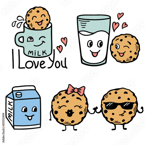 Chocolate cookies and milk vector bundle hand drawn colors illustration isolated on white for print or desing. Cute cookies love glass of milk in cartoon style. Love sweet food