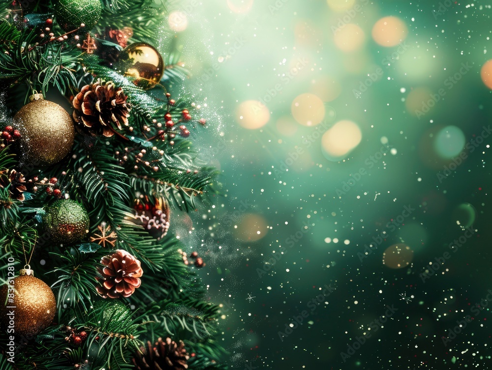 Green toned Christmas & New Year banner with beautiful decorations, Christmas tree and blank space for text, magical atmosphere Green toned Christmas & New Year banner with beautiful decorations, Christmas tree and blank space for text, magical atmosphere