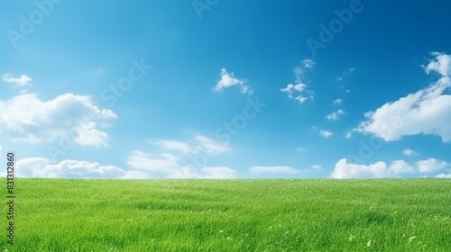 Tranquil summer landscape  green field and blue sky with fluffy clouds  perfect lawn on sunny day