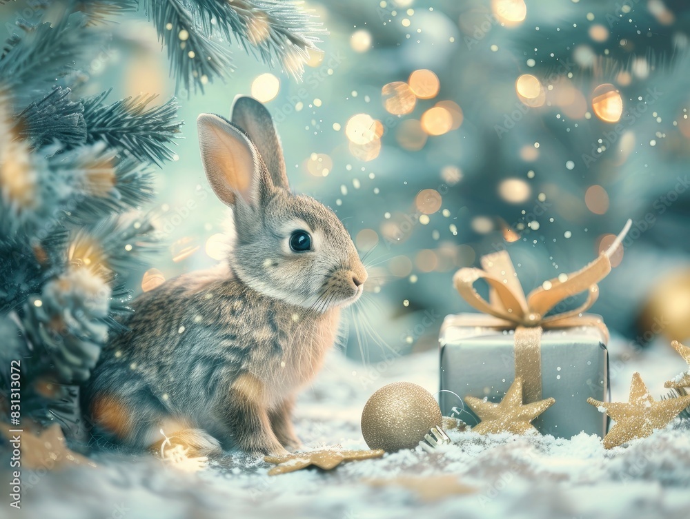 Green toned Christmas & New Year banner with beautiful decorations, gifts, Christmas tree in forest, cute bunny, blank space for text, magical atmosphere Green toned Christmas & New Year banner with beautiful decorations, gifts, Christmas tree in forest, cute bunny, blank space for text, magical atmosphere