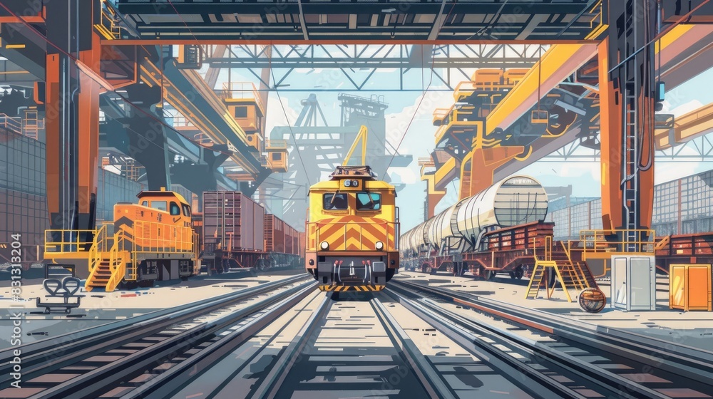 Freight train in a logistics hub, surrounded by cranes and loading equipment Freight train in a logistics hub, surrounded by cranes and loading equipment