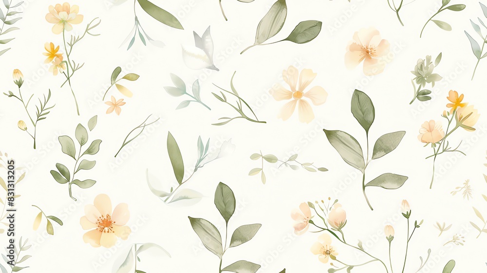custom made wallpaper toronto digitalPastel-colored seamless pattern with flat watercolor botanical elements, featuring leaves and flowers in a light and airy design