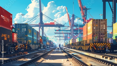 Freight train in a logistics hub, surrounded by cranes and loading equipment photo