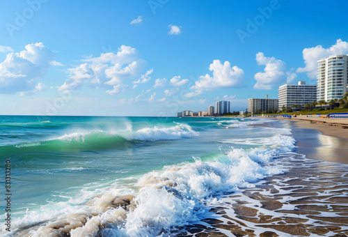 AI Image. Ocean waves at the beach with residential buildings
