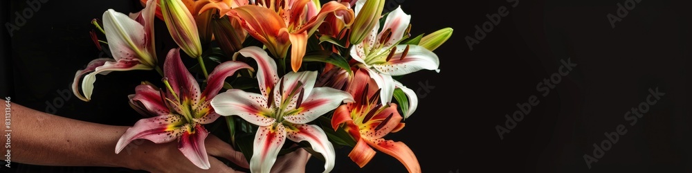 Obraz premium A woman holds a bountiful bouquet of lilies