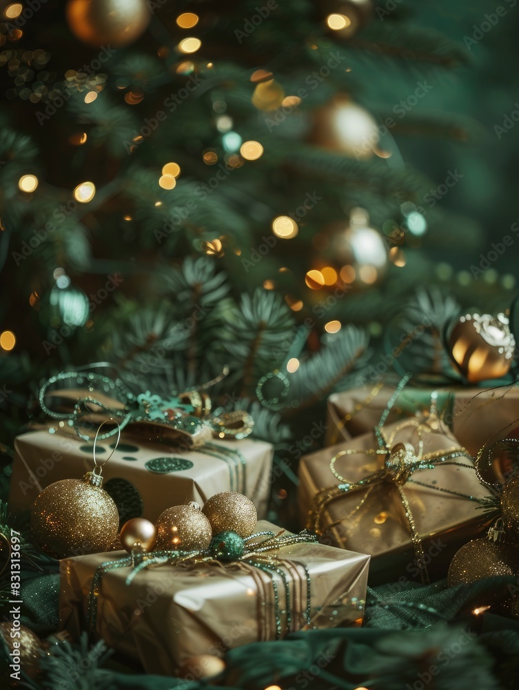 Green toned Christmas & New Year banner with beautiful decorations, gifts, Christmas tree in forest and blank space for text, magical atmosphere Green toned Christmas & New Year banner with beautiful decorations, gifts, Christmas tree in forest and blank space for text, magical atmosphere