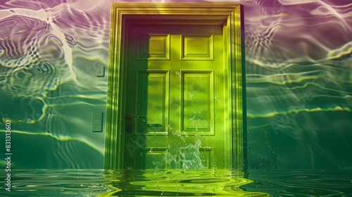 Green Door Floating in Body of Water