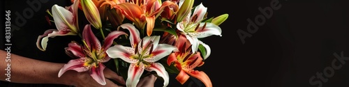 A woman holds a bountiful bouquet of lilies