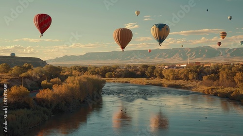 Hot air balloons floating over the Rio Grande at the Albuquerque International Balloon Fiesta photo