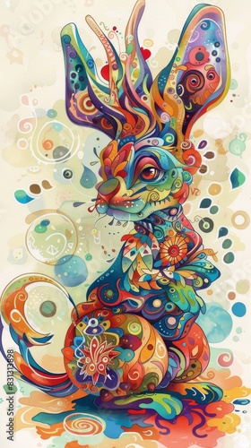 Vibrant digital art of a stylized rabbit with psychedelic patterns and whimsical details
