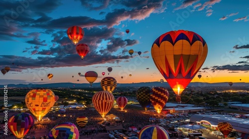 Nighttime view of the Albuquerque International Balloon Fiesta, with balloons glowing during the balloon glow event photo
