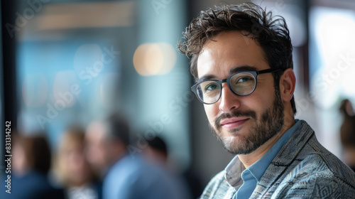 Confident young man with glasses portrait. Close up portrait of a confident young man with glasses and a beard, smiling slightly at the camera. photo
