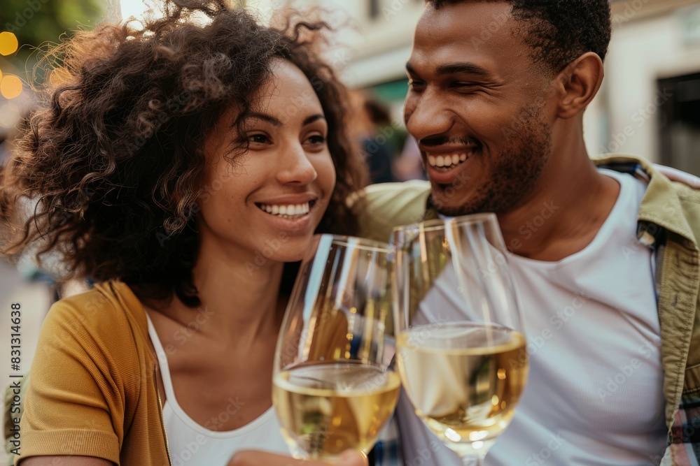 Smiling Couple Toasting with White Wine in a Relaxed Urban Setting Smiling Couple Toasting with White Wine in a Relaxed Urban Setting