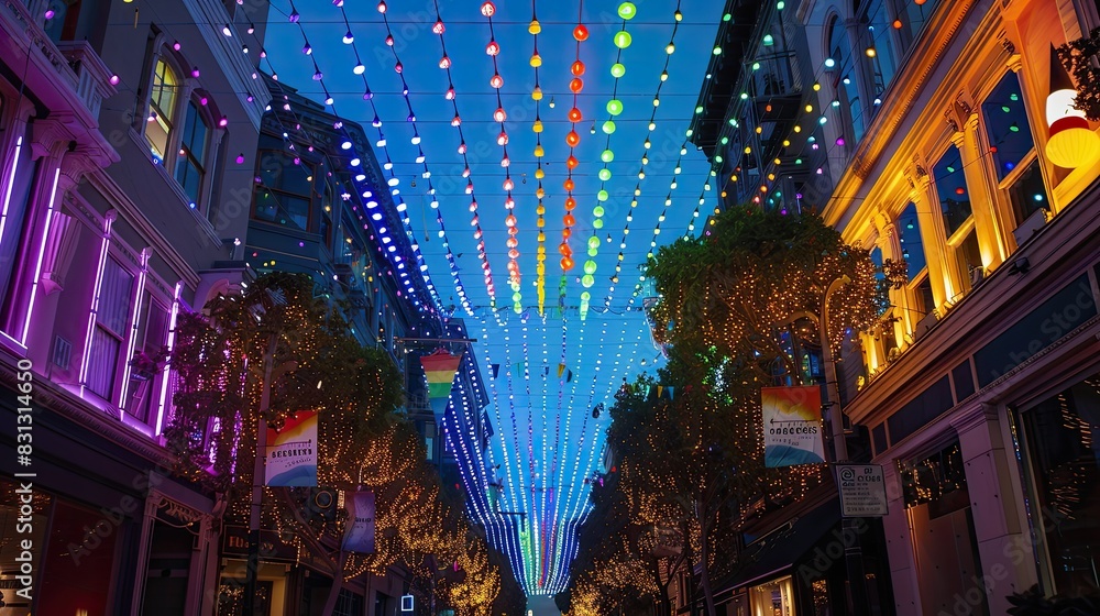 Fototapeta premium Pride-themed decorations adorning streets and buildings, creating a festive atmosphere