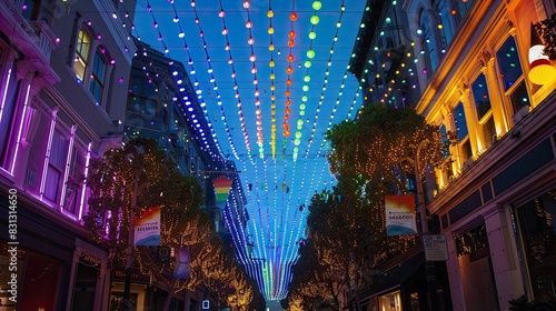 Pride-themed decorations adorning streets and buildings  creating a festive atmosphere