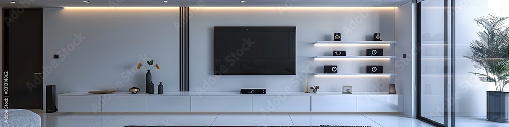 Fototapeta premium luxurious minimalist living room with an emphasis on clean lines and high functionality